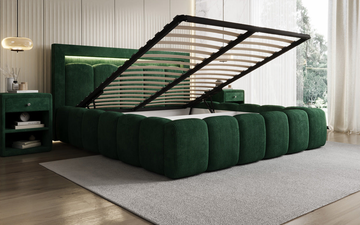 Designer-Polsterbett Lume aus Cord mat Stauraum an RGB-Beliichtung