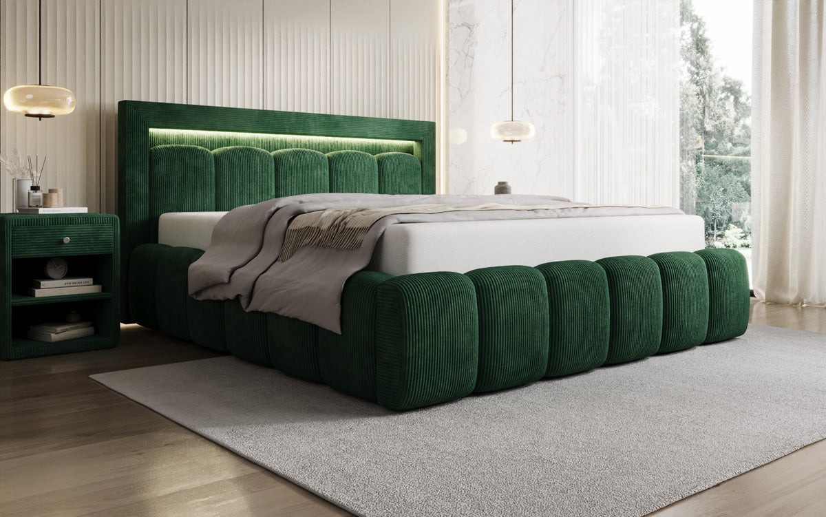 Designer-Polsterbett Lume aus Cord mat Stauraum an RGB-Beliichtung