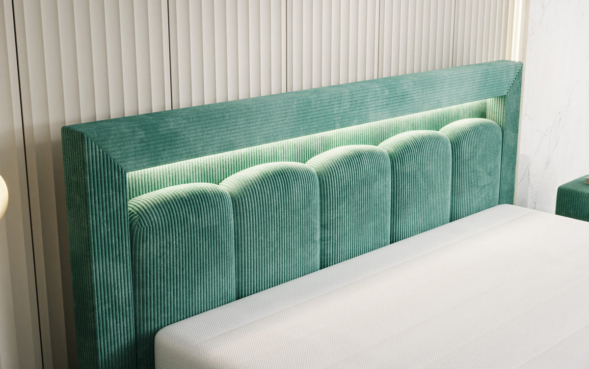 Designer-Polsterbett Lume aus Cord mat Stauraum an RGB-Beliichtung
