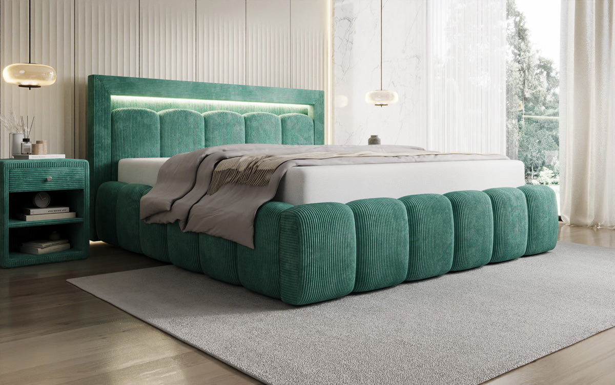 Designer-Polsterbett Lume aus Cord mat Stauraum an RGB-Beliichtung