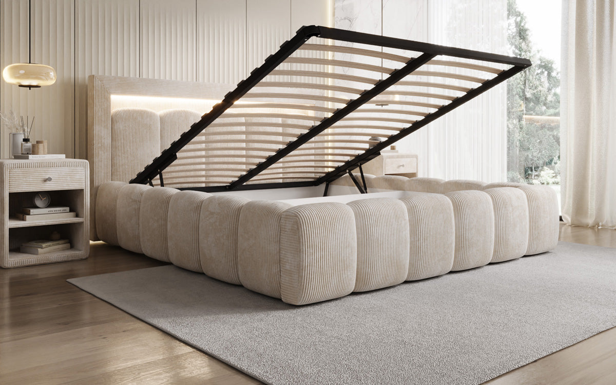 Designer-Polsterbett Lume aus Cord mat Stauraum an RGB-Beliichtung