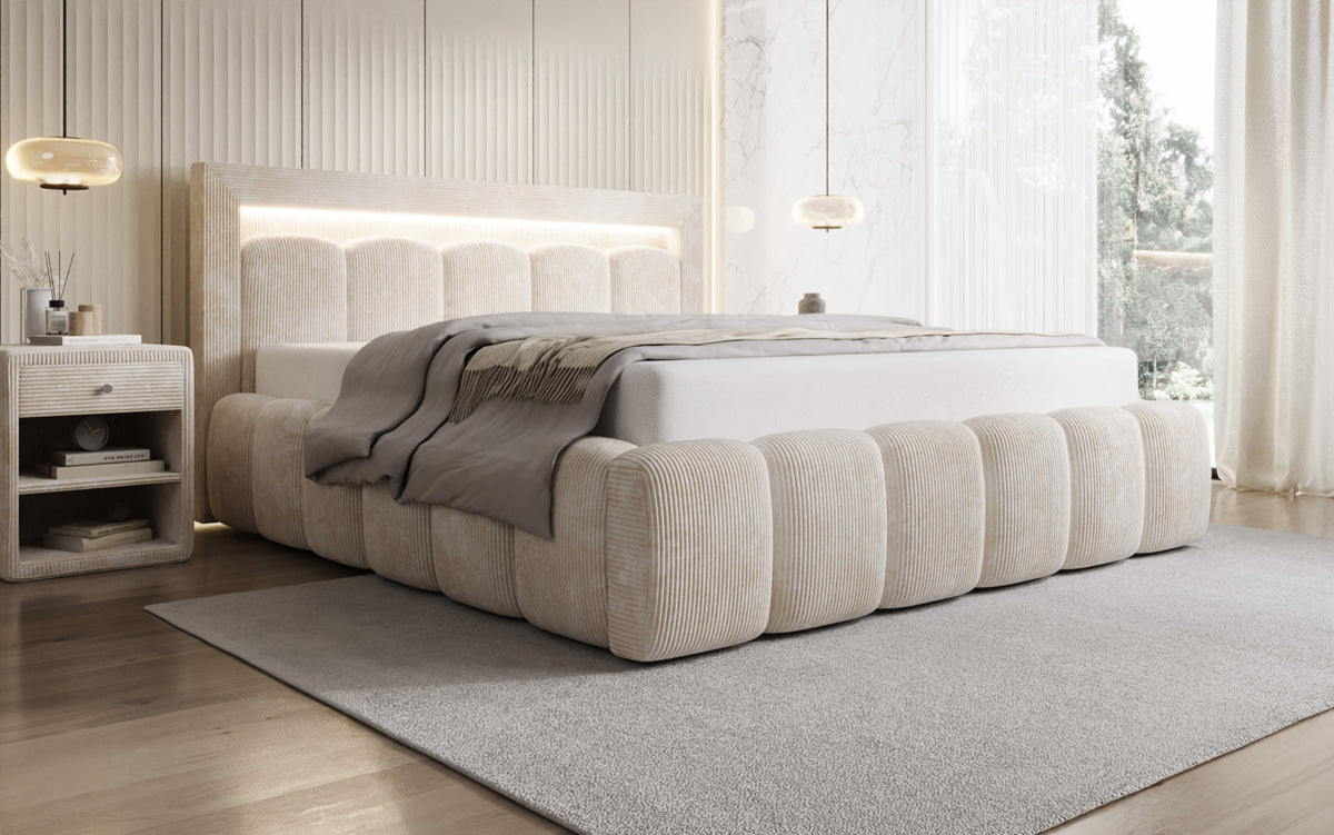 Designer-Polsterbett Lume aus Cord mat Stauraum an RGB-Beliichtung