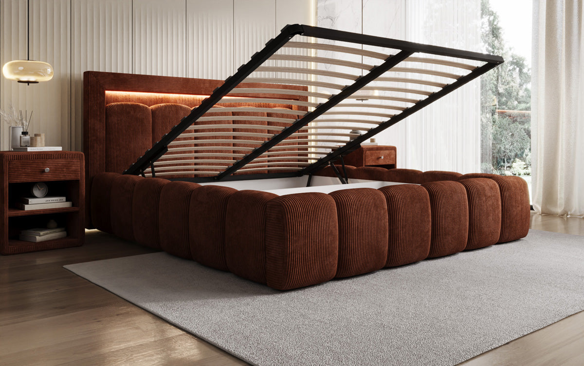 Designer-Polsterbett Lume aus Cord mat Stauraum an RGB-Beliichtung