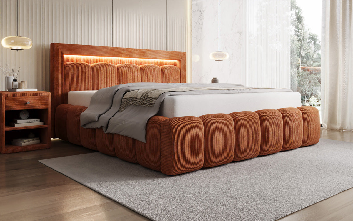 Designer-Polsterbett Lume aus Cord mat Stauraum an RGB-Beliichtung