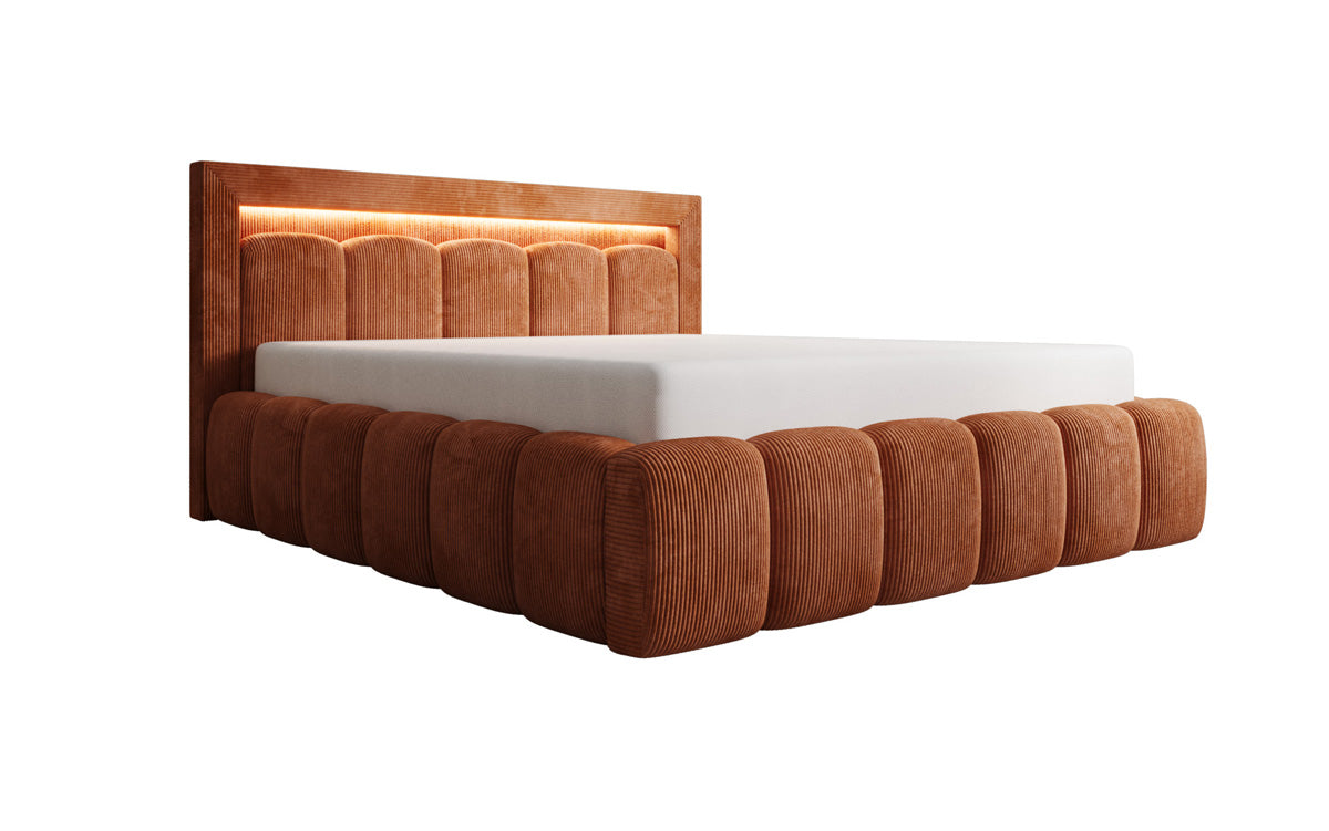 Designer-Polsterbett Lume aus Cord mat Stauraum an RGB-Beliichtung