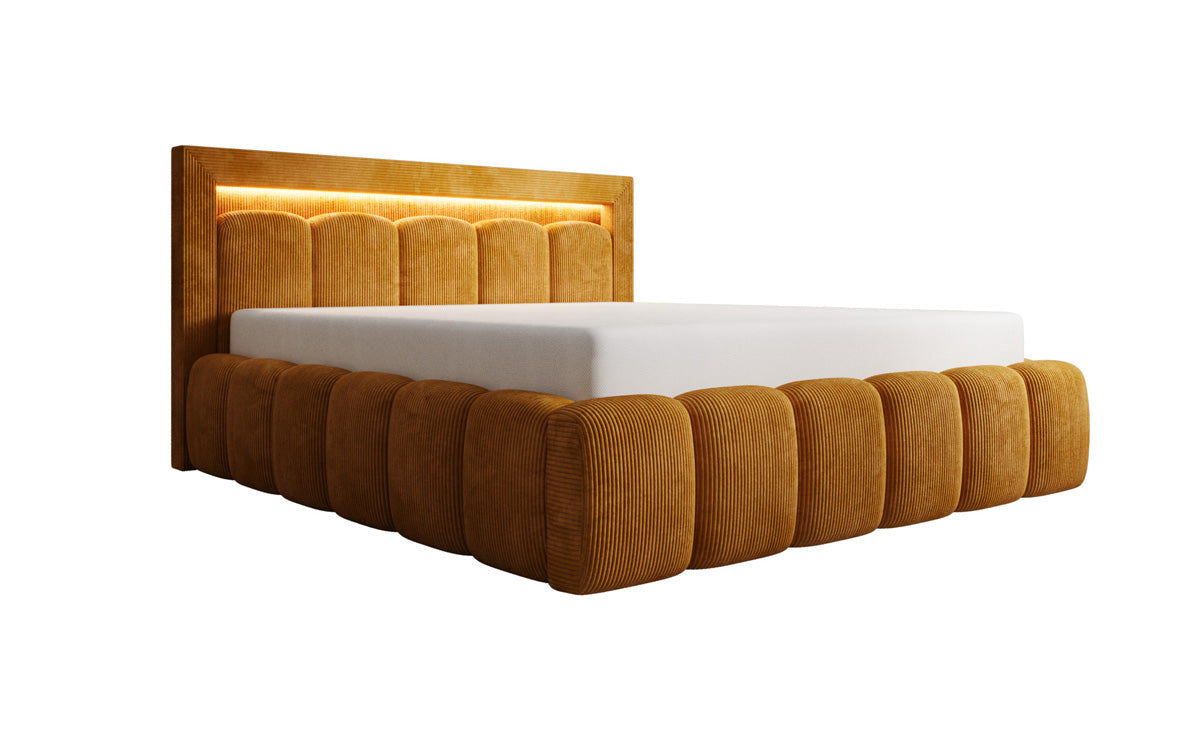 Designer-Polsterbett Lume aus Cord mat Stauraum an RGB-Beliichtung