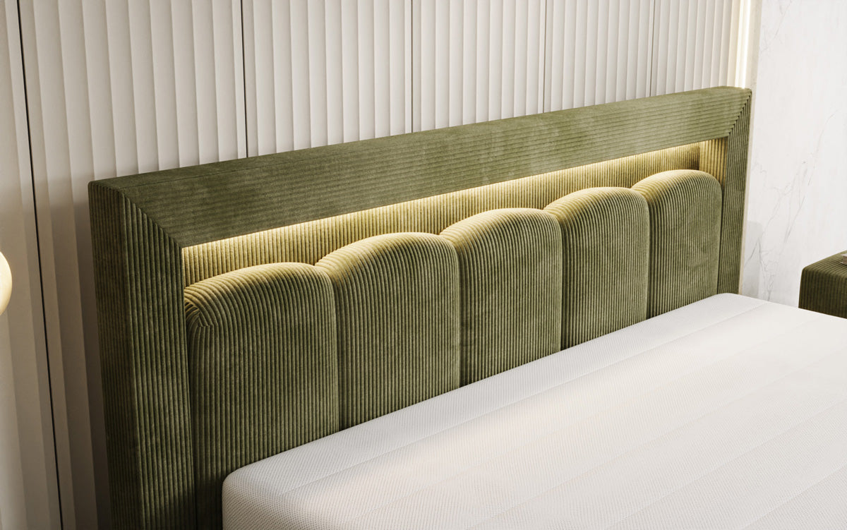 Designer-Polsterbett Lume aus Cord mat Stauraum an RGB-Beliichtung