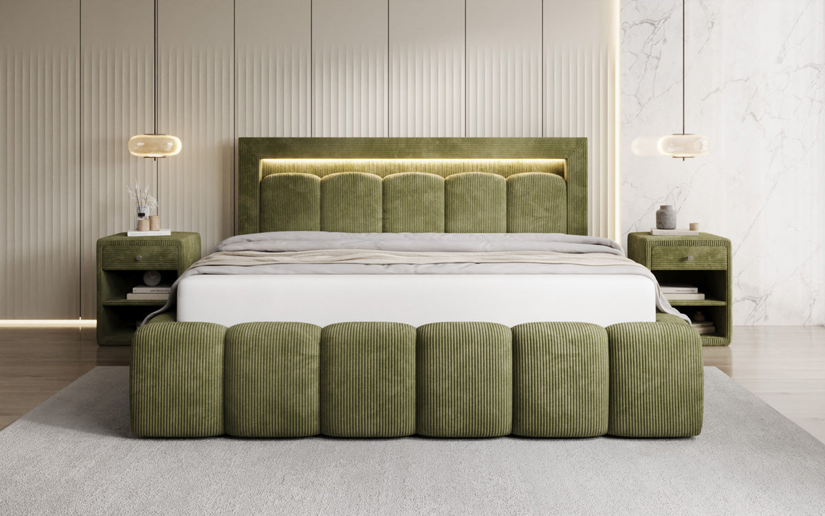 Designer-Polsterbett Lume aus Cord mat Stauraum an RGB-Beliichtung