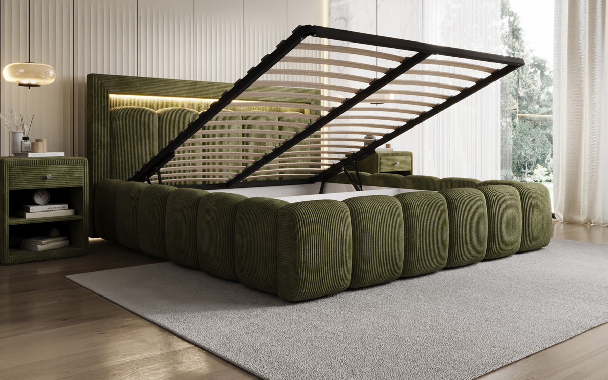 Designer-Polsterbett Lume aus Cord mat Stauraum an RGB-Beliichtung