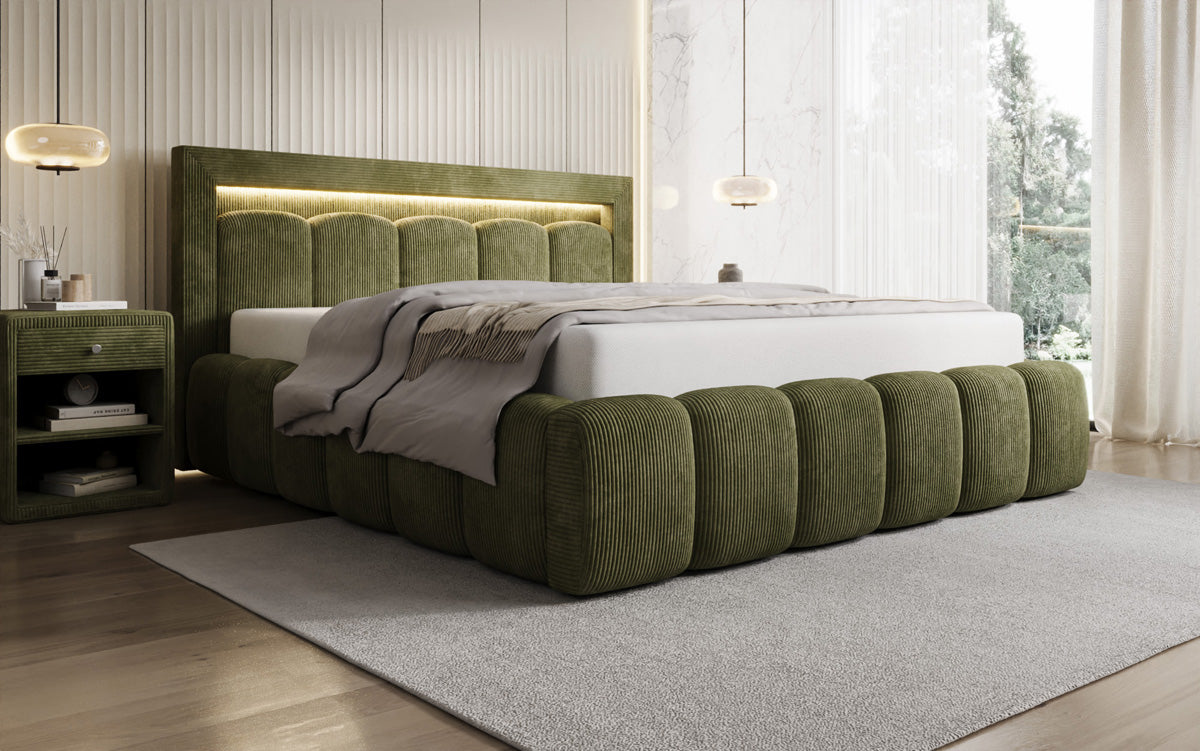 Designer-Polsterbett Lume aus Cord mat Stauraum an RGB-Beliichtung
