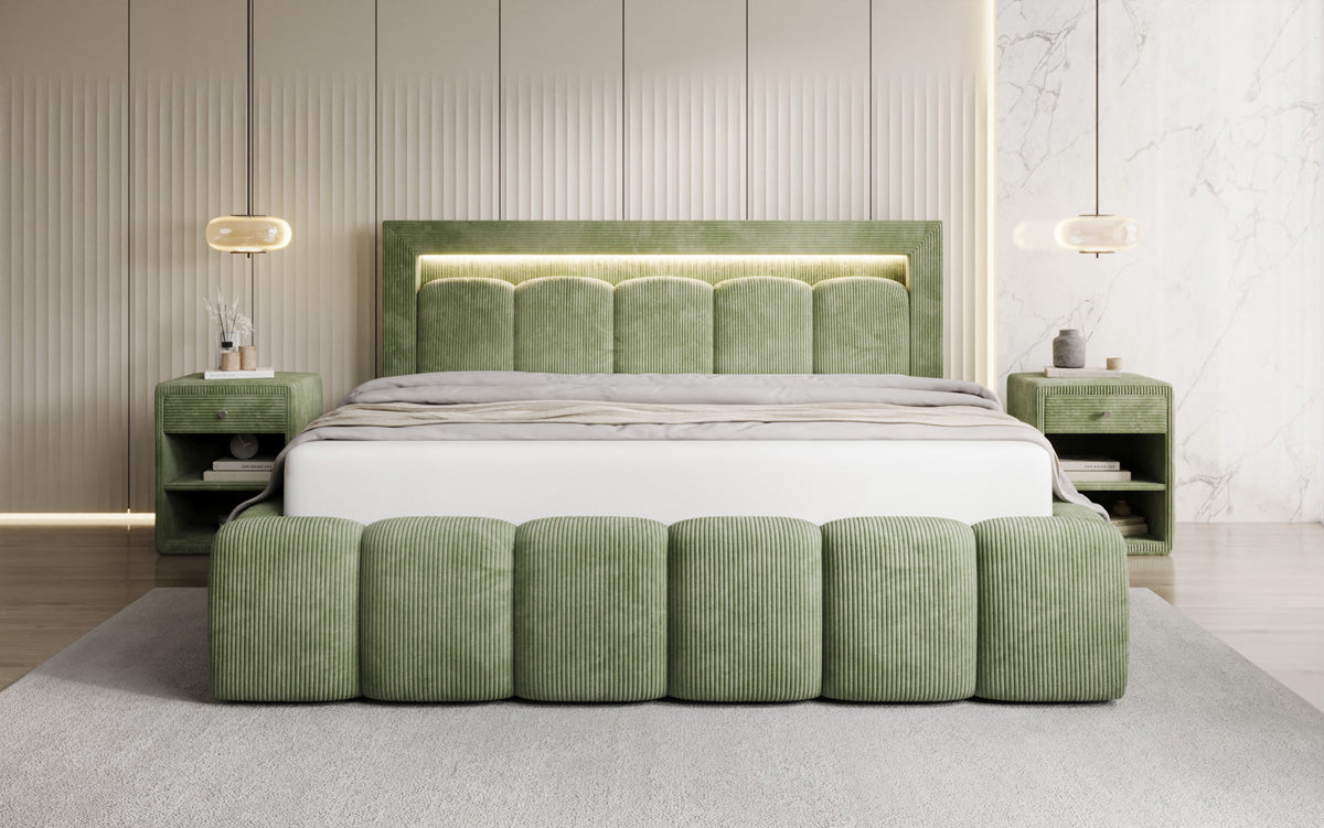 Designer-Polsterbett Lume aus Cord mat Stauraum an RGB-Beliichtung