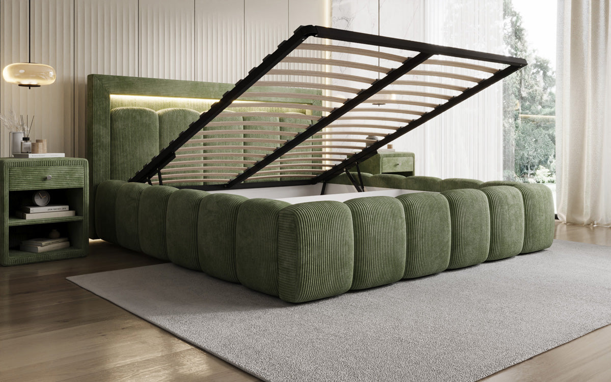 Designer-Polsterbett Lume aus Cord mat Stauraum an RGB-Beliichtung