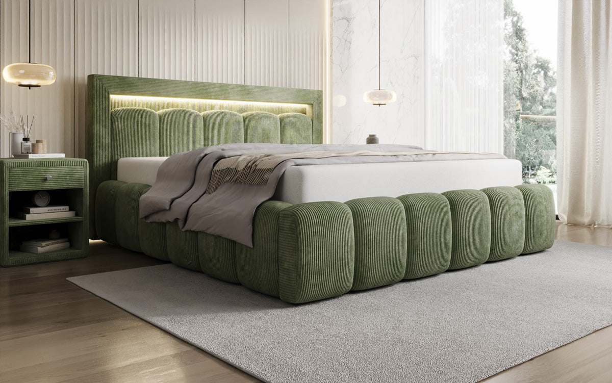 Designer-Polsterbett Lume aus Cord mat Stauraum an RGB-Beliichtung