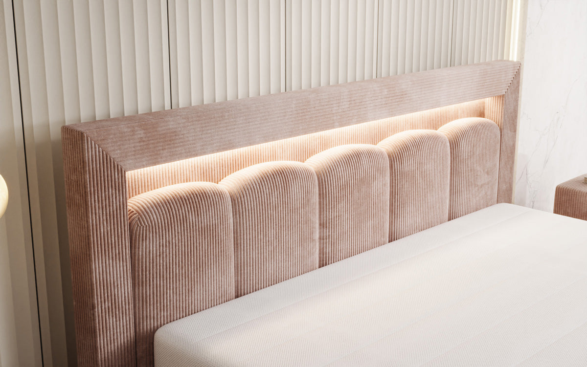 Designer-Polsterbett Lume aus Cord mat Stauraum an RGB-Beliichtung
