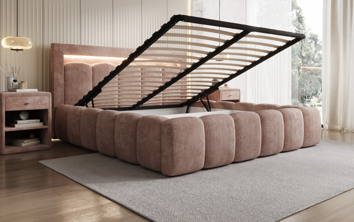 Designer-Polsterbett Lume aus Cord mat Stauraum an RGB-Beliichtung