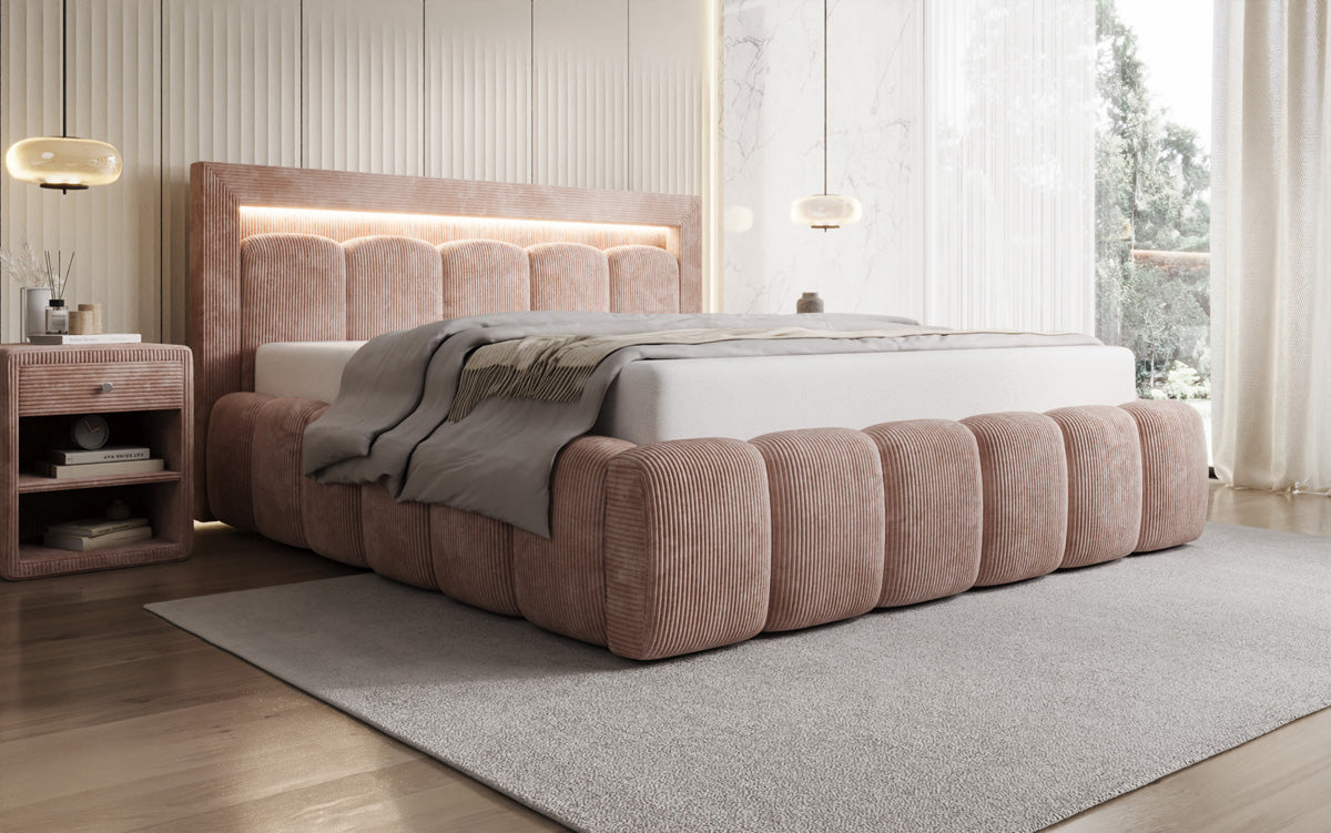 Designer-Polsterbett Lume aus Cord mat Stauraum an RGB-Beliichtung