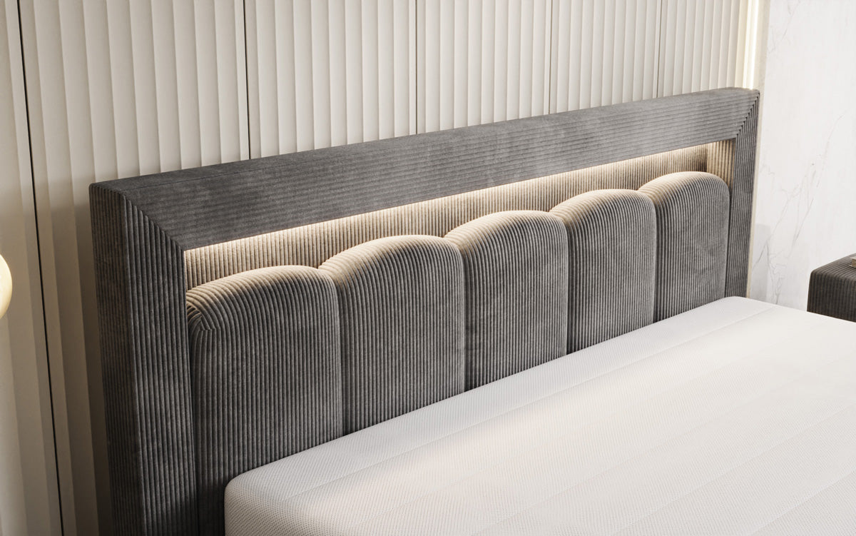 Designer-Polsterbett Lume aus Cord mat Stauraum an RGB-Beliichtung