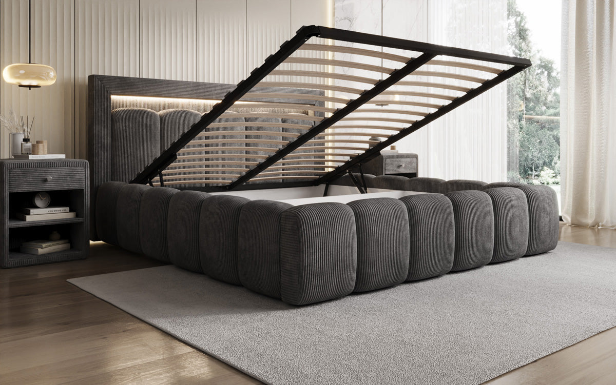 Designer-Polsterbett Lume aus Cord mat Stauraum an RGB-Beliichtung