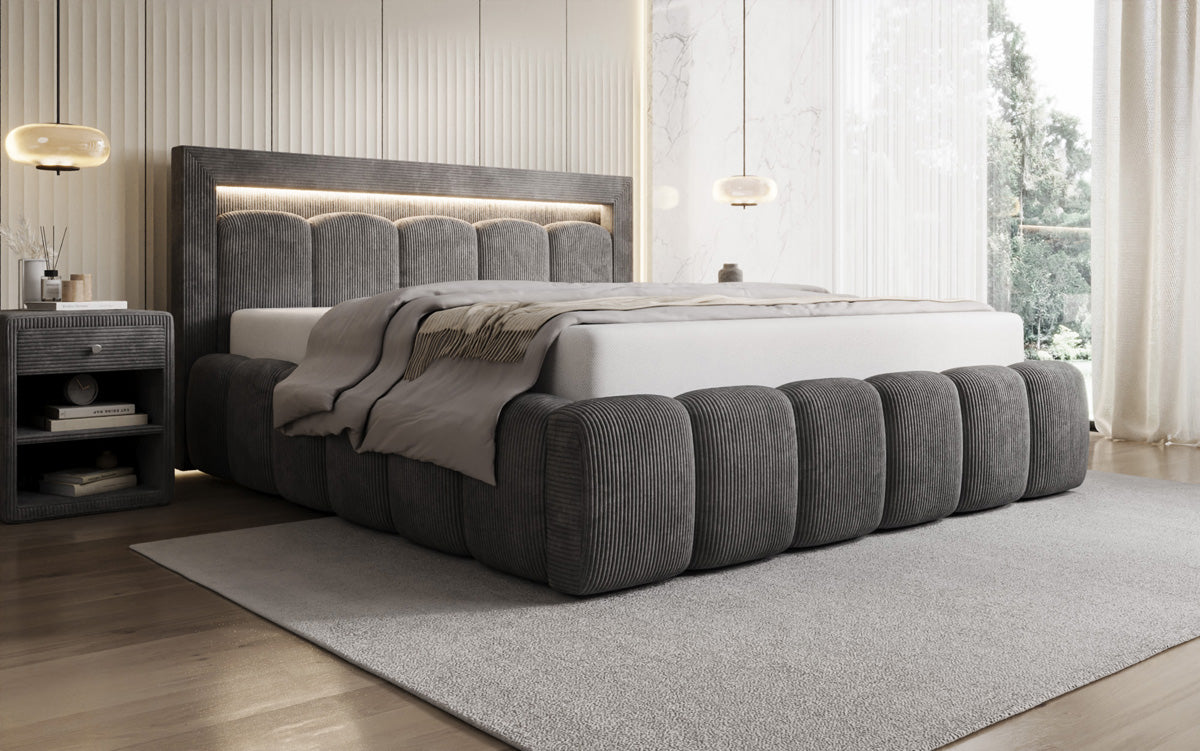 Designer-Polsterbett Lume aus Cord mat Stauraum an RGB-Beliichtung