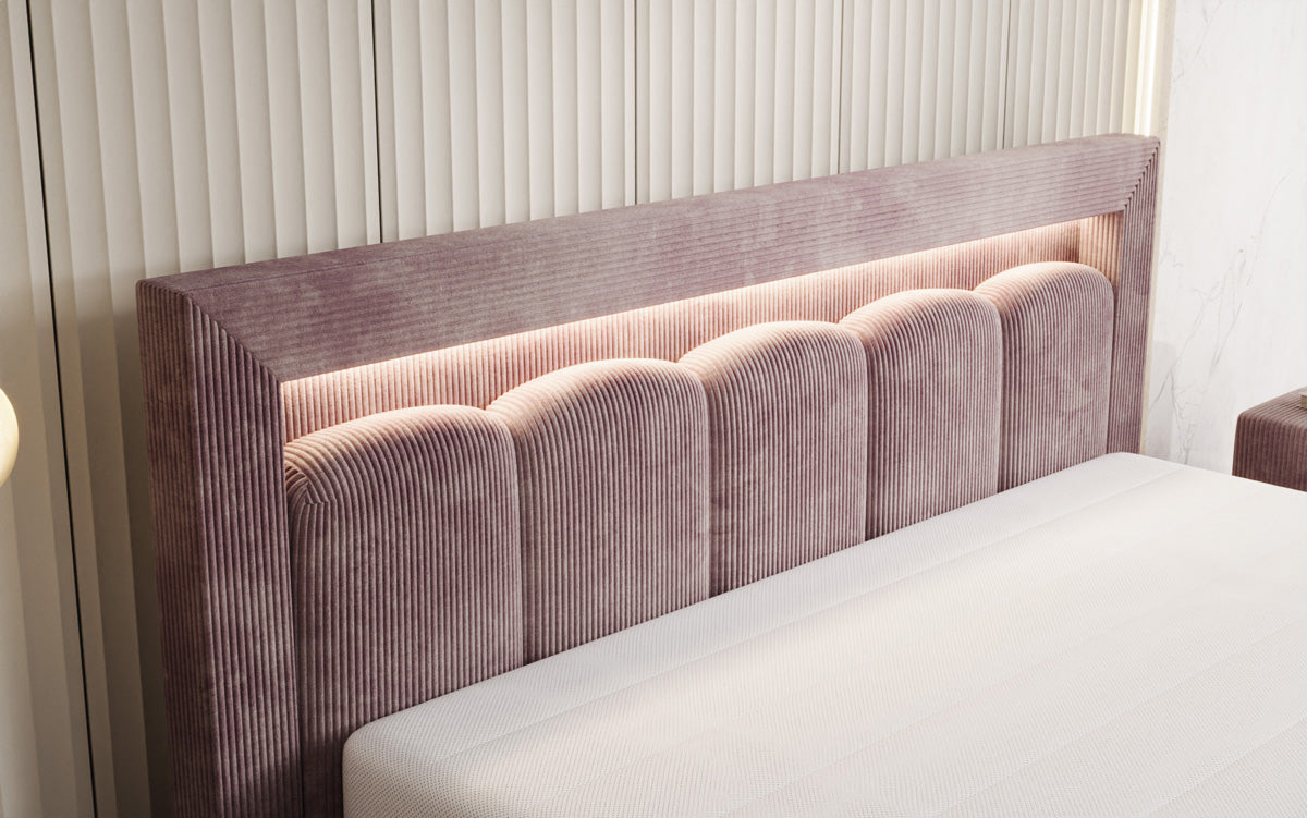 Designer-Polsterbett Lume aus Cord mat Stauraum an RGB-Beliichtung