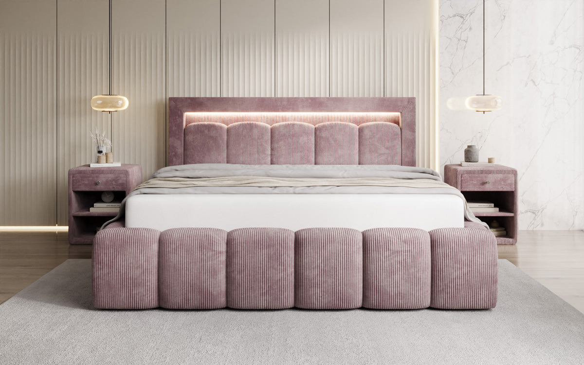 Designer-Polsterbett Lume aus Cord mat Stauraum an RGB-Beliichtung