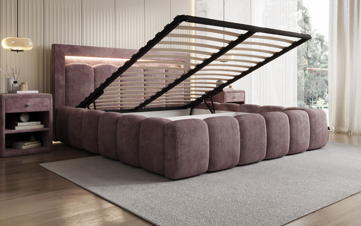 Designer-Polsterbett Lume aus Cord mat Stauraum an RGB-Beliichtung