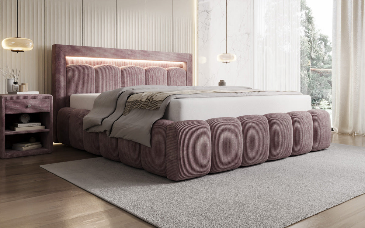 Designer-Polsterbett Lume aus Cord mat Stauraum an RGB-Beliichtung