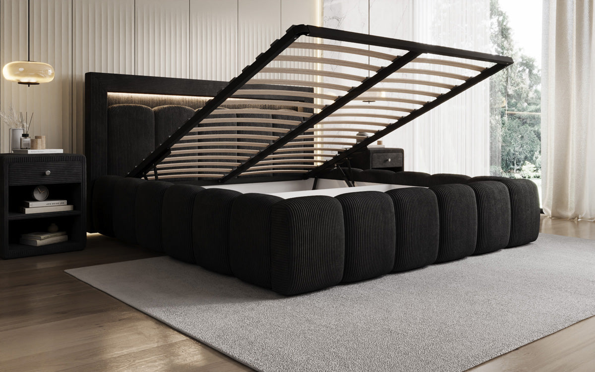 Designer-Polsterbett Lume aus Cord mat Stauraum an RGB-Beliichtung