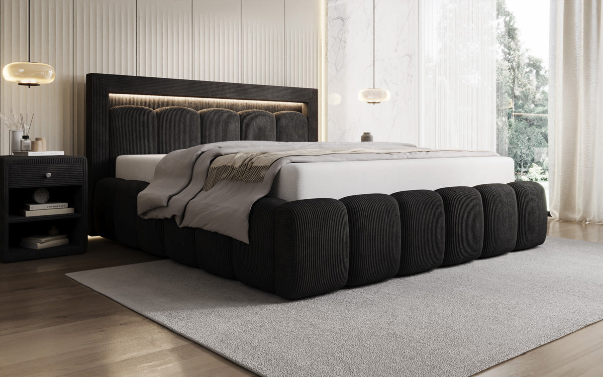 Designer-Polsterbett Lume aus Cord mat Stauraum an RGB-Beliichtung