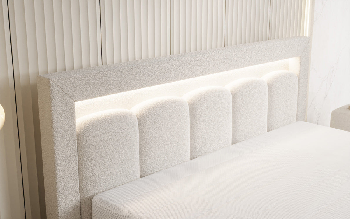Lit rembourré design Lume en Peluche Bouclé avec espace de rangement et éclairage RGB