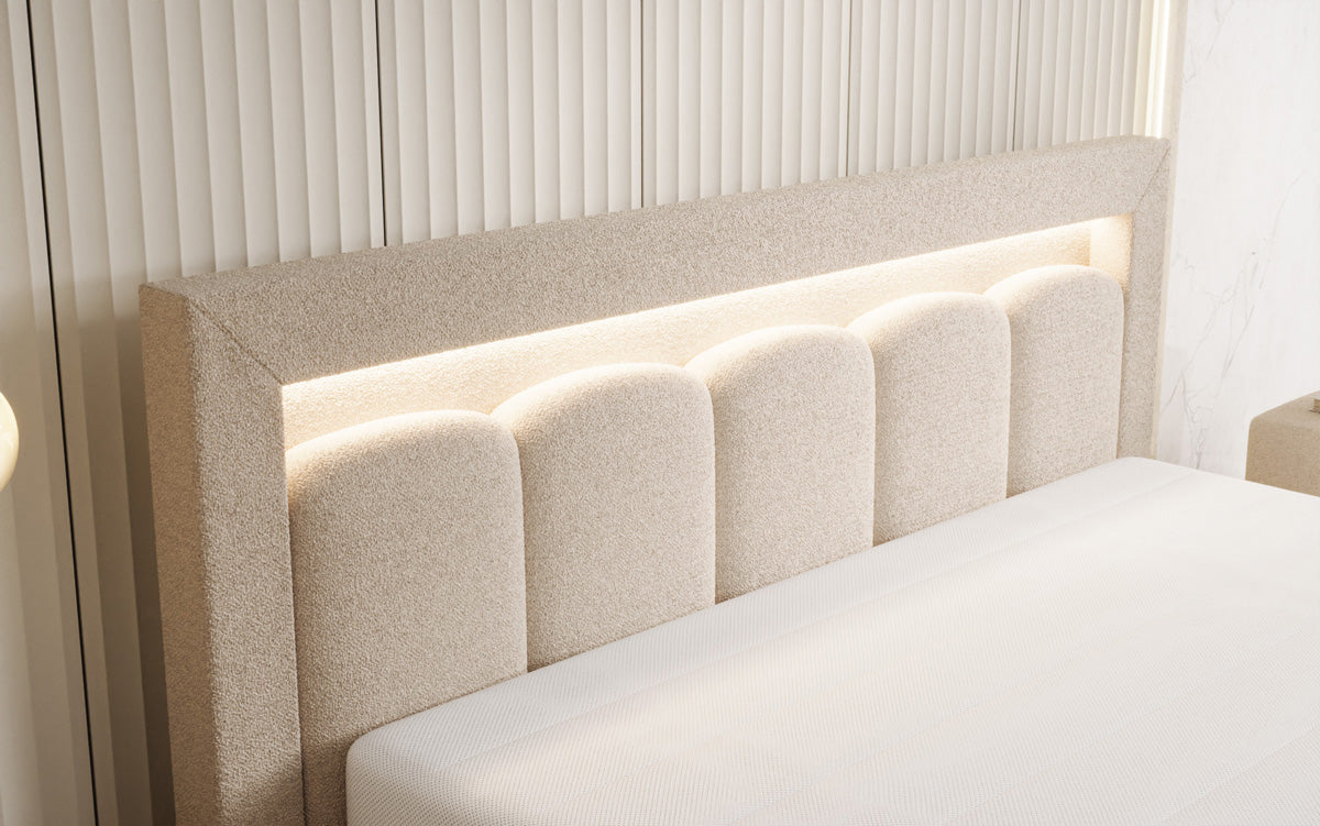 Lit rembourré design Lume en Peluche Bouclé avec espace de rangement et éclairage RGB