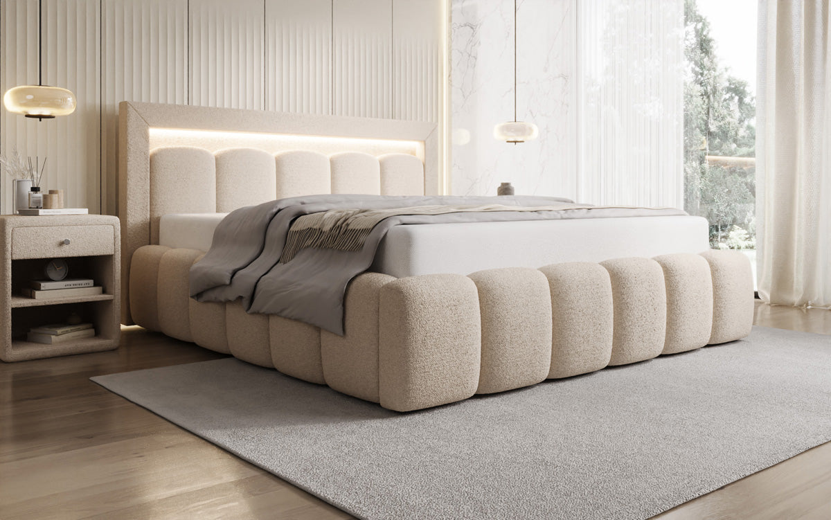 Lit rembourré design Lume en Peluche Bouclé avec espace de rangement et éclairage RGB