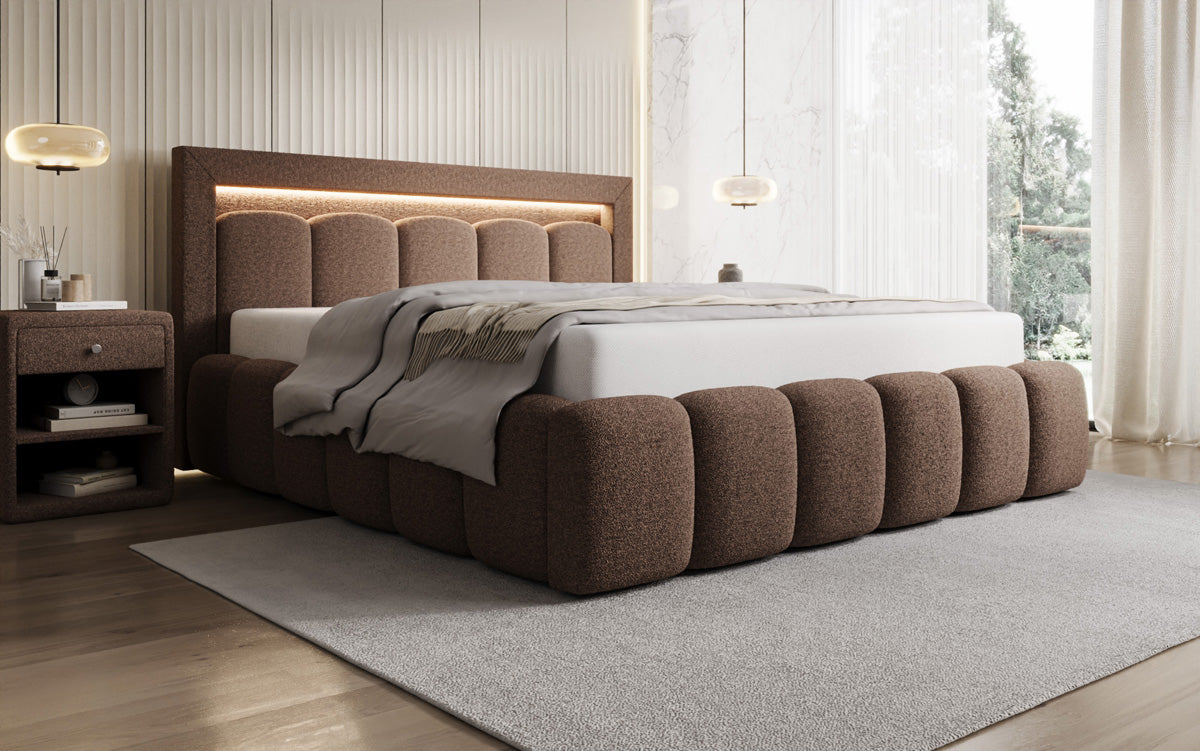 Lit rembourré design Lume en Peluche Bouclé avec espace de rangement et éclairage RGB