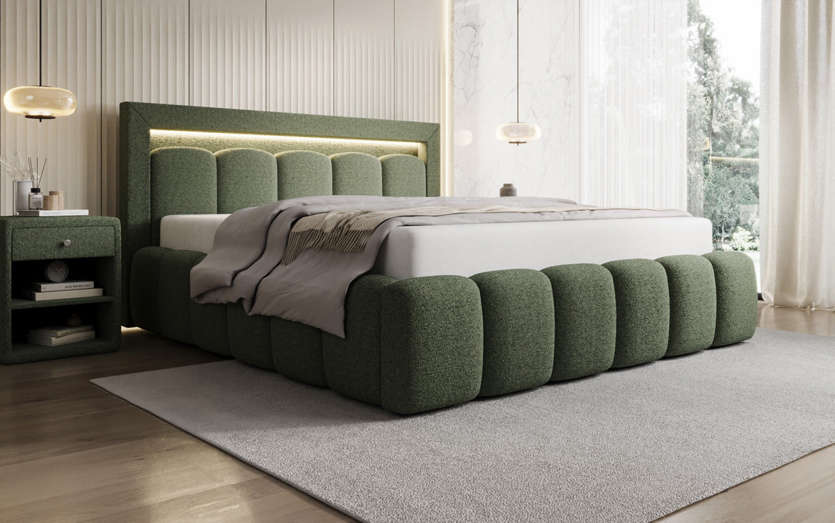 Lit rembourré design Lume en Peluche Bouclé avec espace de rangement et éclairage RGB
