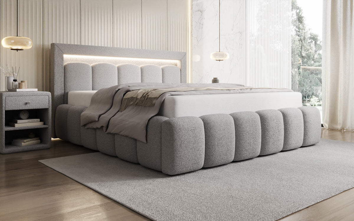 Lit rembourré design Lume en Peluche Bouclé avec espace de rangement et éclairage RGB