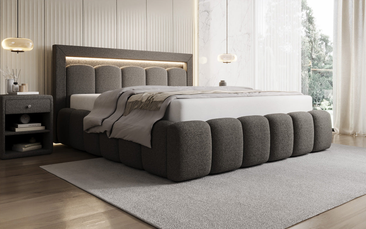 Lit rembourré design Lume en Peluche Bouclé avec espace de rangement et éclairage RGB