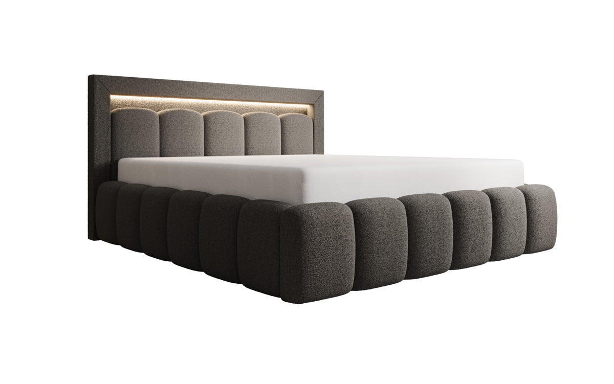 Lit rembourré design Lume en Peluche Bouclé avec espace de rangement et éclairage RGB