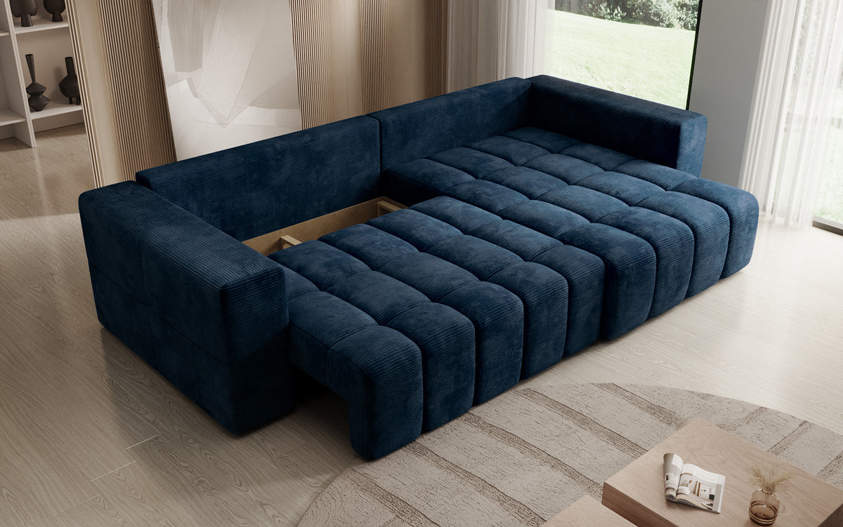 Designer Ecksofa Momo mit Schlaf- und Klappfunktion in Cord