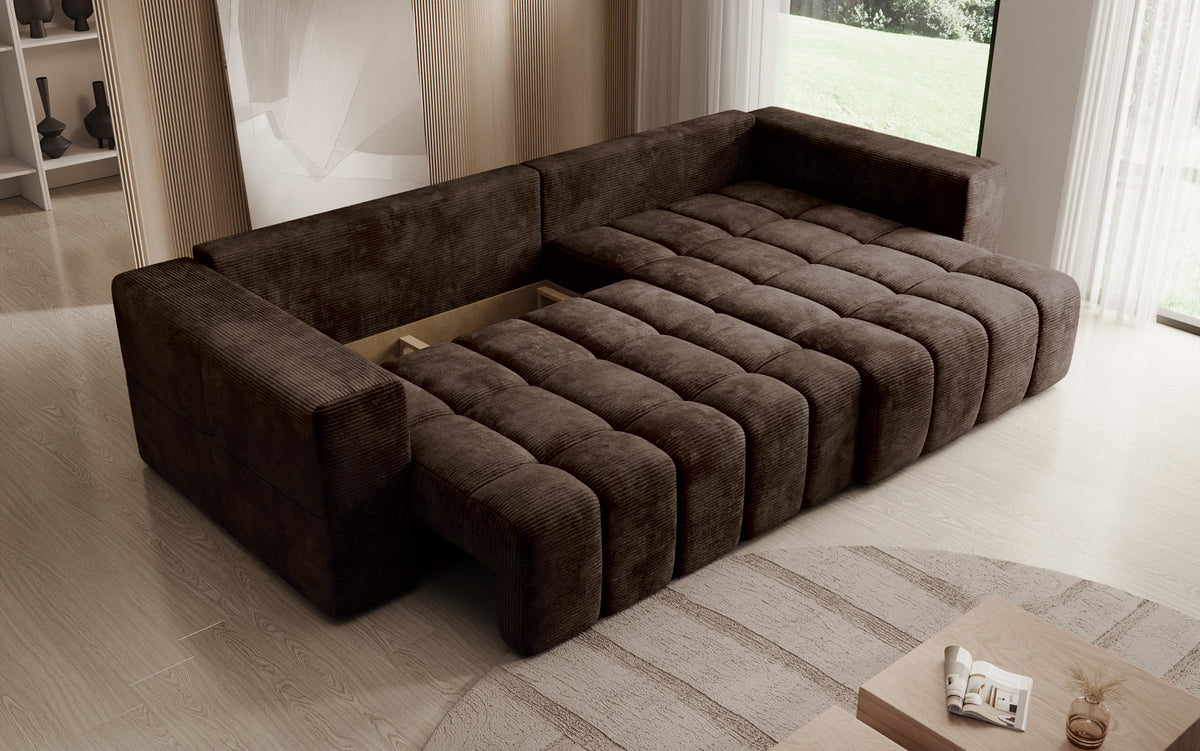 Designer Ecksofa Momo mit Schlaf- und Klappfunktion in Cord