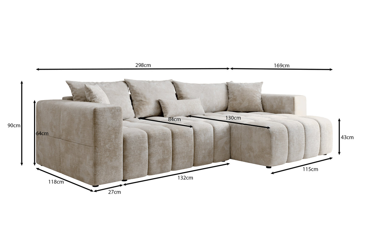 Designer Ecksofa Momo mit Schlaf- und Klappfunktion in Cord