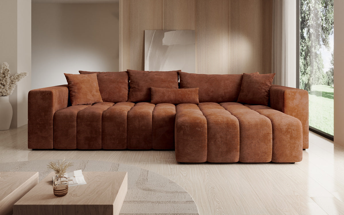 Designer Ecksofa Momo mit Schlaf- und Klappfunktion in Cord