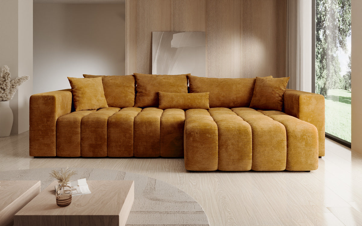 Designer Ecksofa Momo mit Schlaf- und Klappfunktion in Cord