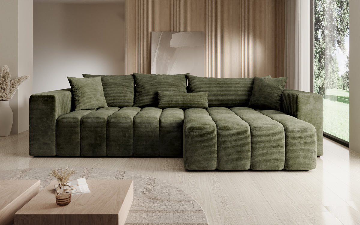 Designer Ecksofa Momo mit Schlaf- und Klappfunktion in Cord