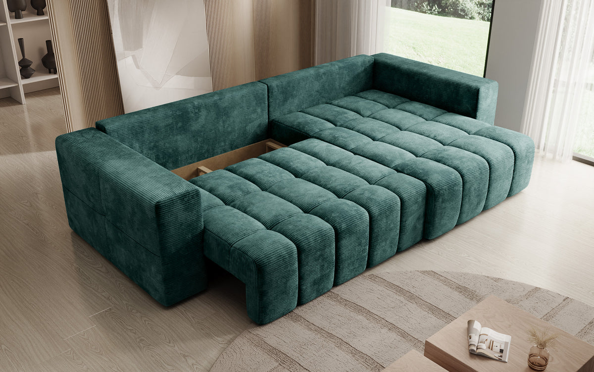 Designer Ecksofa Momo mit Schlaf- und Klappfunktion in Cord