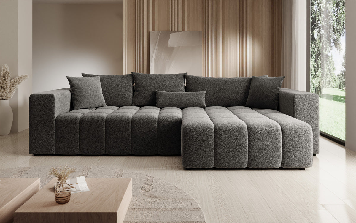 Canapé d'angle design Momo avec fonction couchage et rabattable en tissu structuré