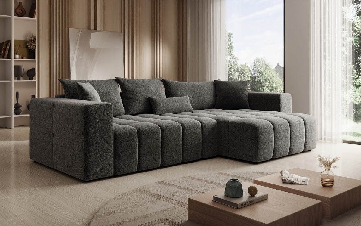 Canapé d'angle design Momo avec fonction couchage et rabattable en tissu structuré