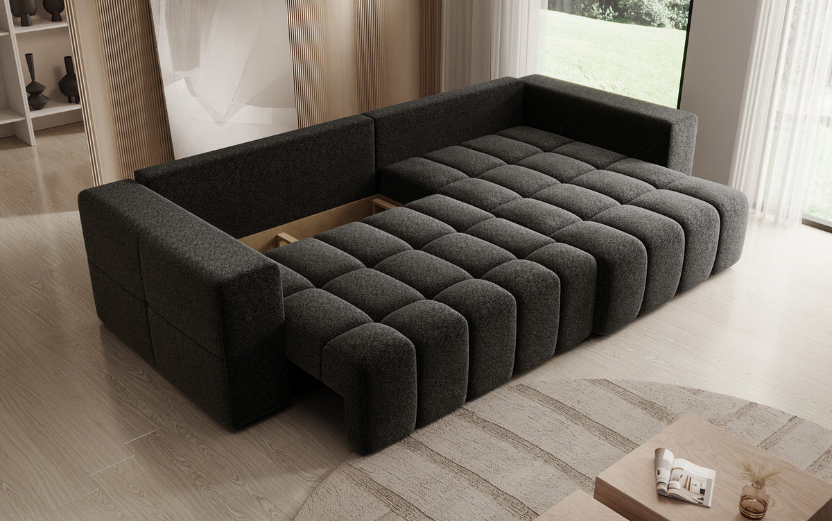 Canapé d'angle design Momo avec fonction couchage et rabattable en tissu structuré