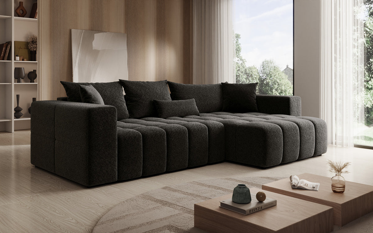 Canapé d'angle design Momo avec fonction couchage et rabattable en tissu structuré