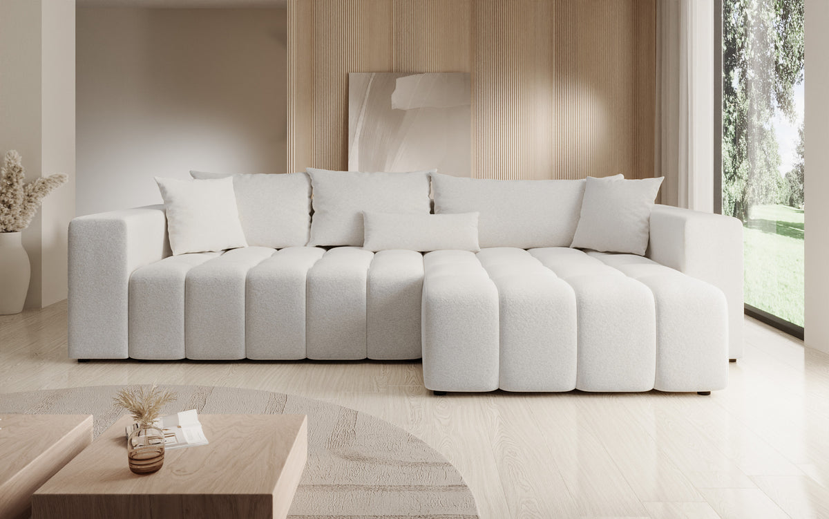 Canapé d'angle design Momo avec fonction couchage et rabattable en tissu structuré