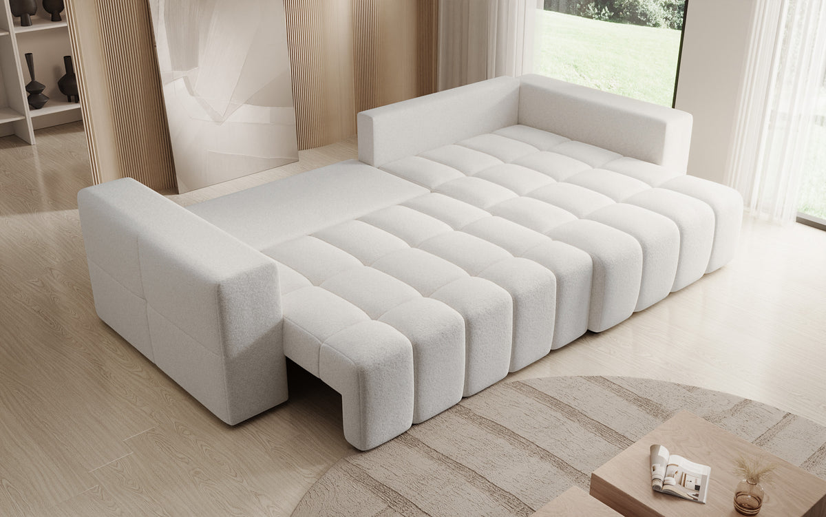 Canapé d'angle design Momo avec fonction couchage et rabattable en tissu structuré